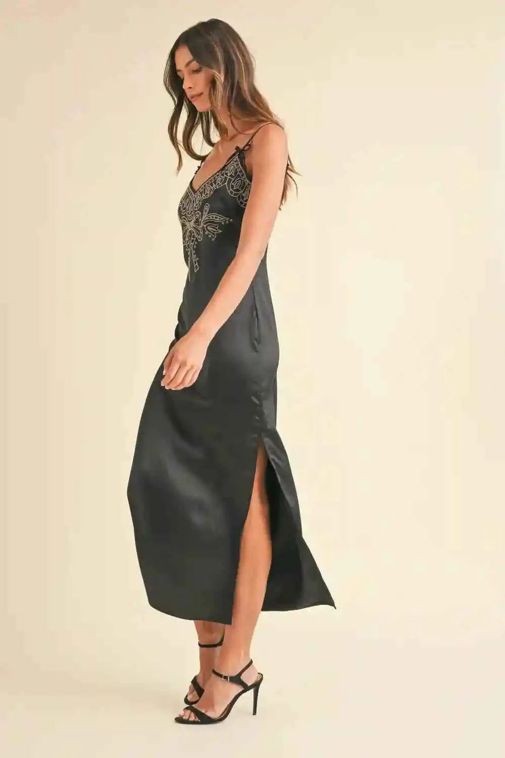 Mable Embroidered Satin Midi Dress with Slit - MegaSuperStar