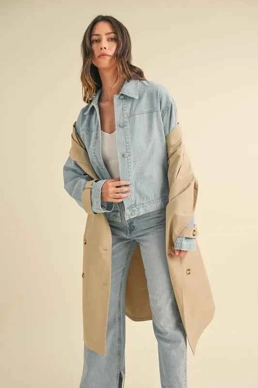 MABLE Layered Trench Coat with Denim Jacket for Stylish Versatility - MegaSuperStar