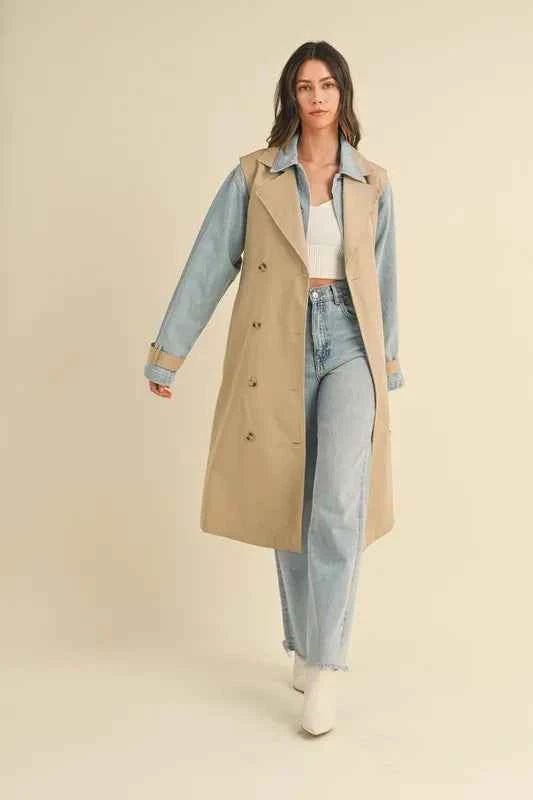 MABLE Layered Trench Coat with Denim Jacket for Stylish Versatility - MegaSuperStar