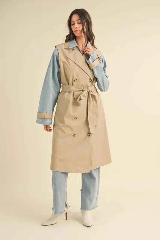 MABLE Layered Trench Coat with Denim Jacket for Stylish Versatility - MegaSuperStar