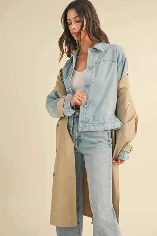 MABLE Layered Trench Coat with Denim Jacket for Stylish Versatility - MegaSuperStar