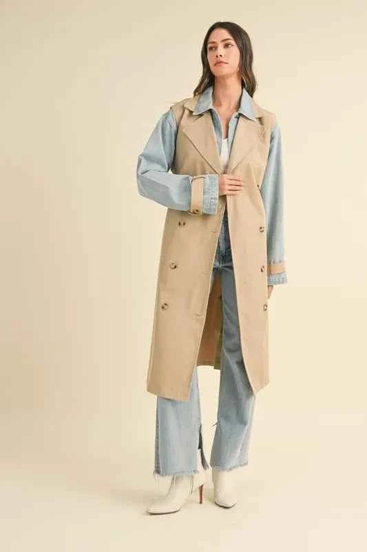 MABLE Layered Trench Coat with Denim Jacket for Stylish Versatility - MegaSuperStar