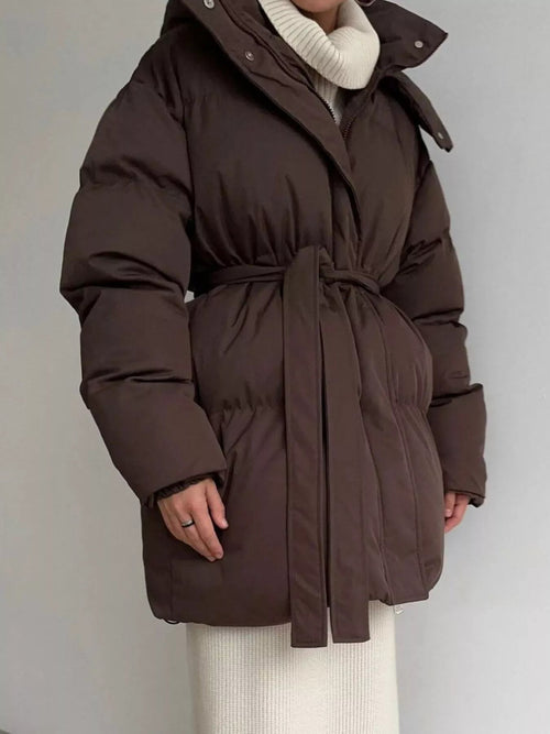 Customer styling Mid-Length Thickened Hooded Winter Coat with Belted