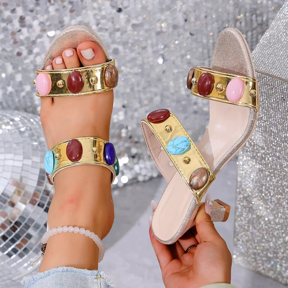 Open Toe Block Heels Sandals - MegaSuperStar