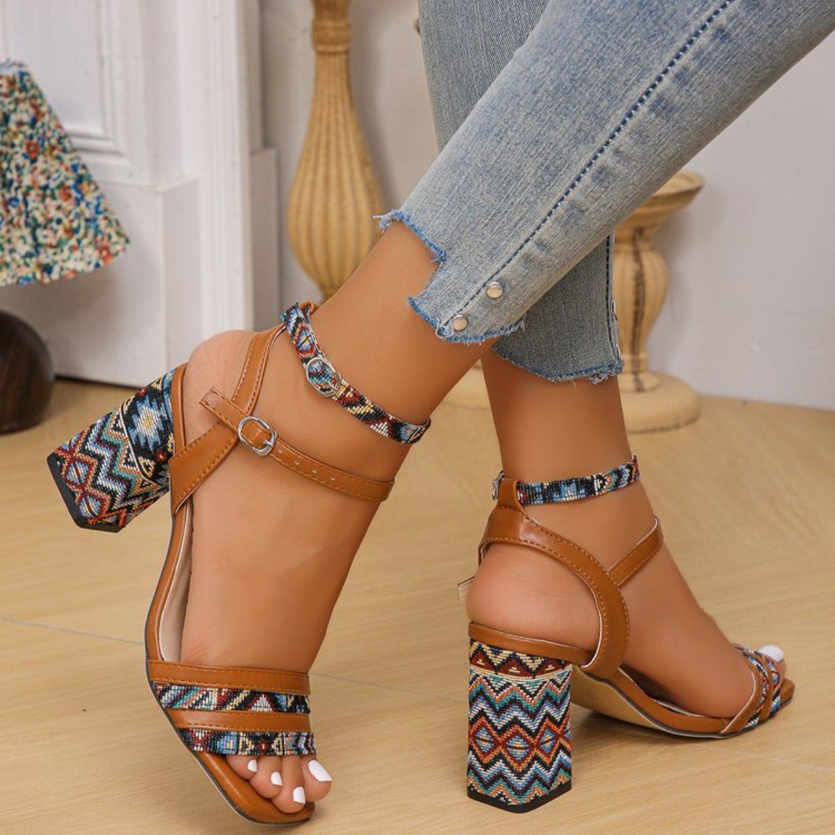 Open Toe Block Heels Sandals - MegaSuperStar