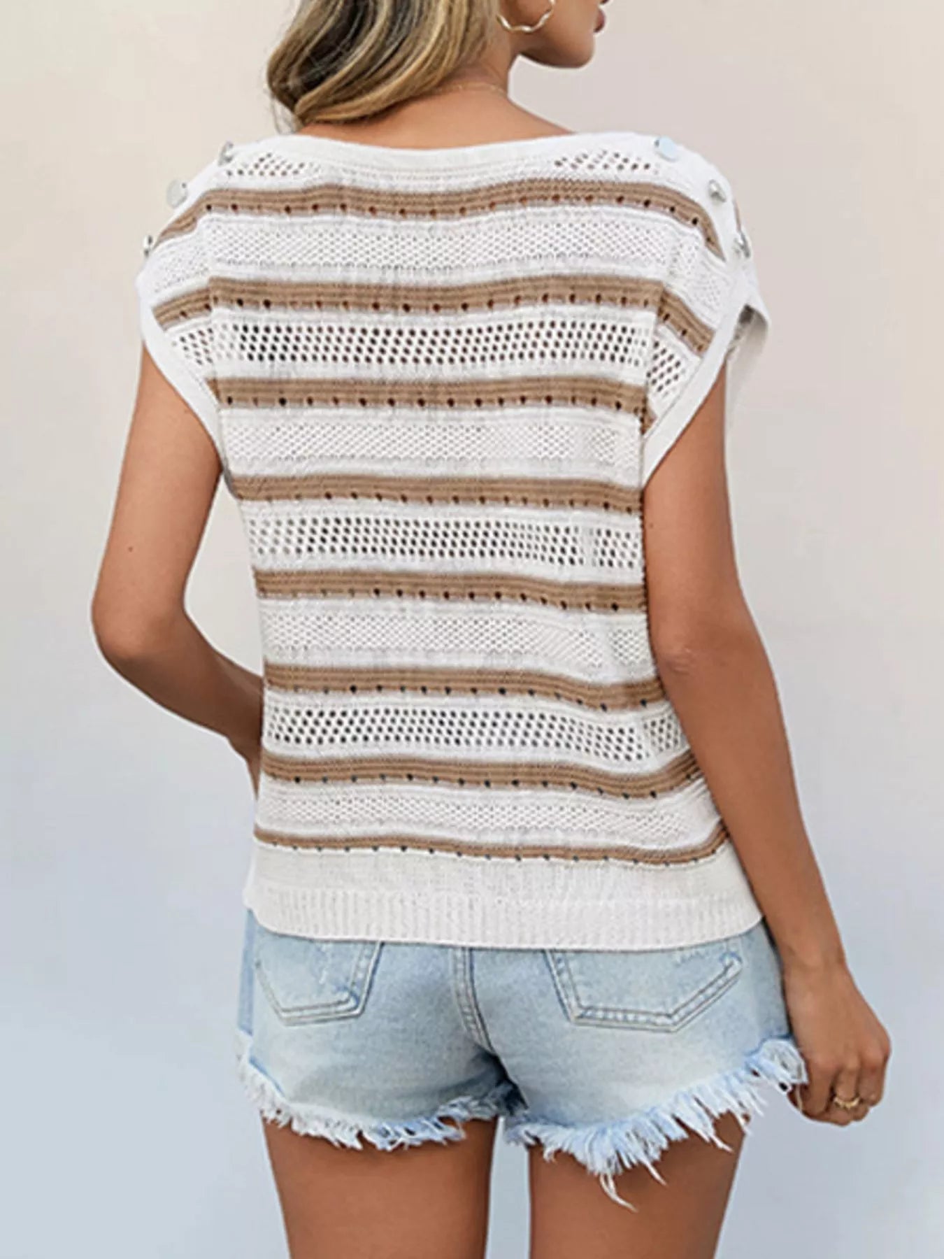 Openwork Round Neck Cap Sleeve Knit Top - MegaSuperStar