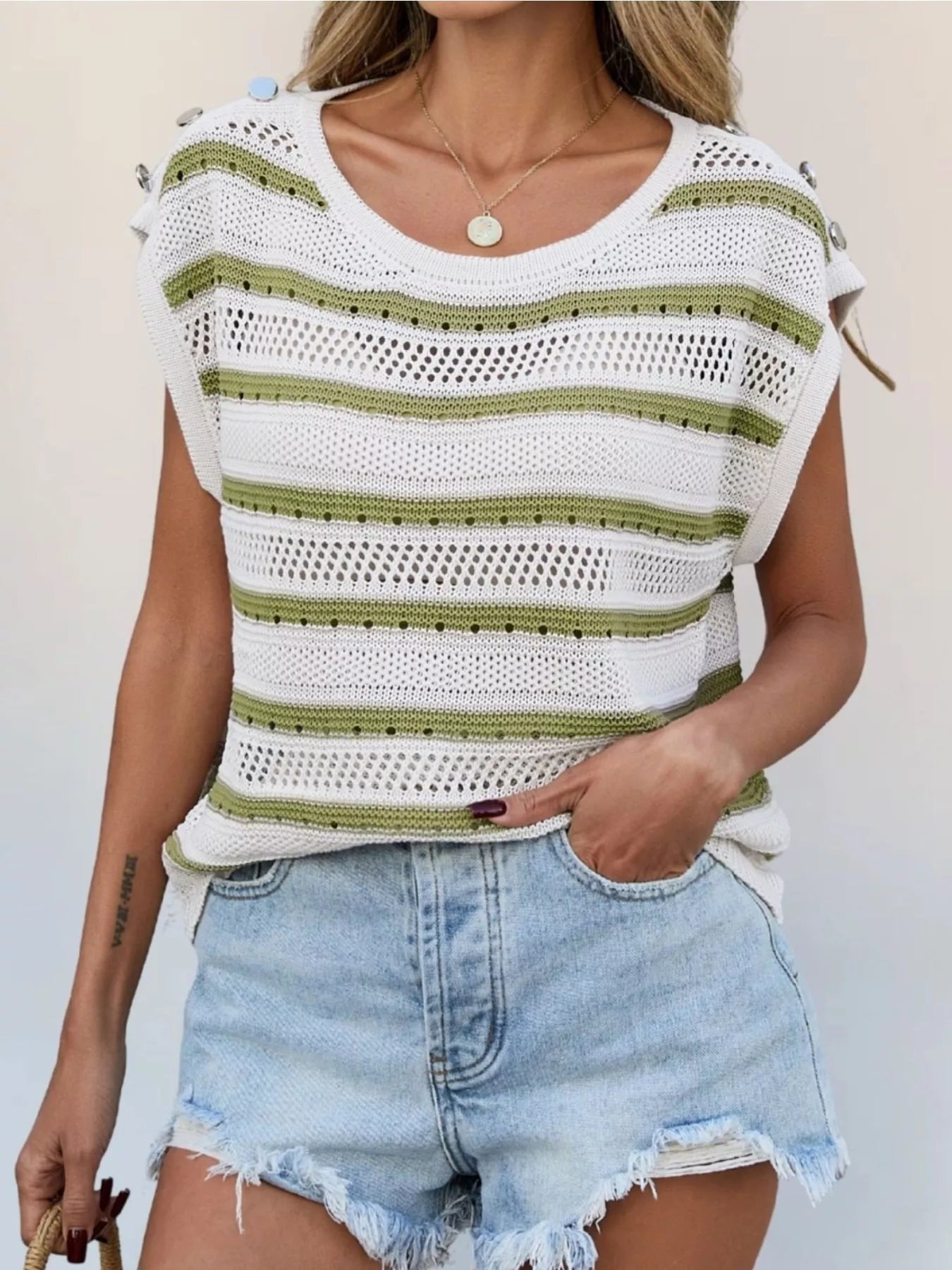 Openwork Round Neck Cap Sleeve Knit Top - MegaSuperStar