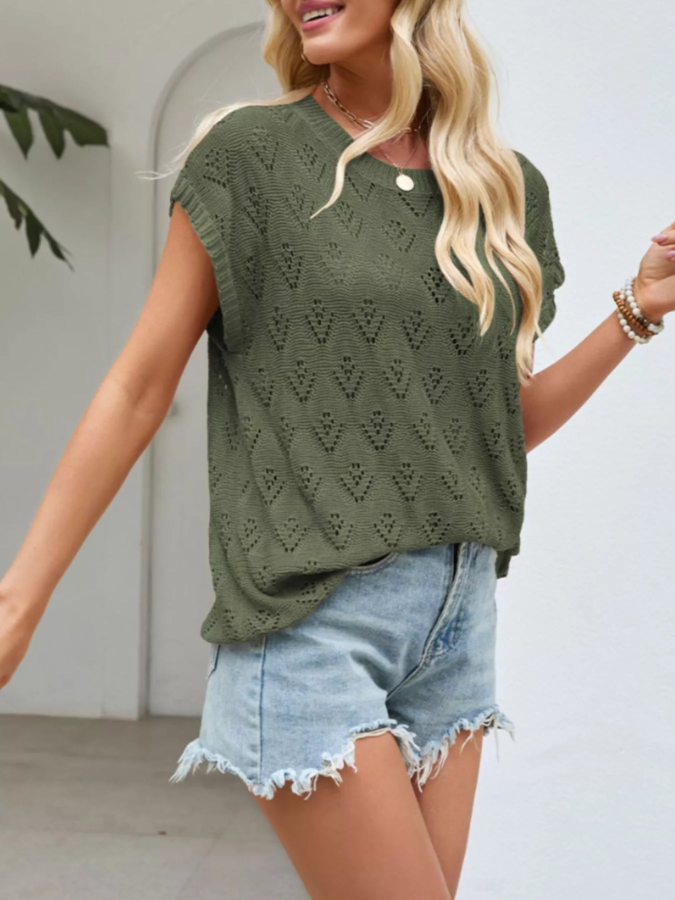 Openwork Short Sleeve Knit Top - MegaSuperStar
