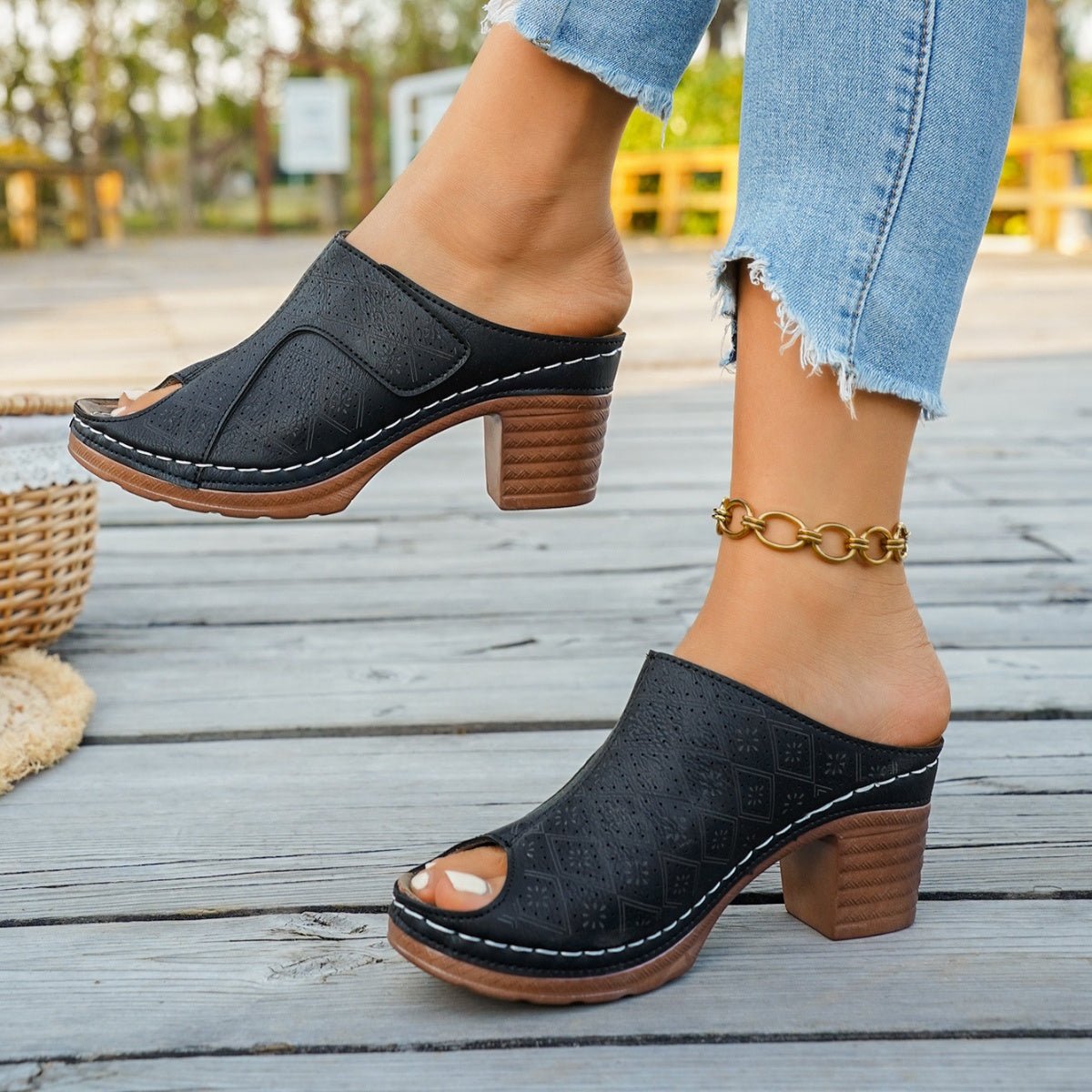 Peep Toe Block Heel Sandals - MegaSuperStar