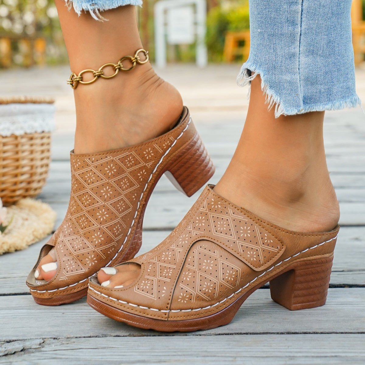 Peep Toe Block Heel Sandals - MegaSuperStar
