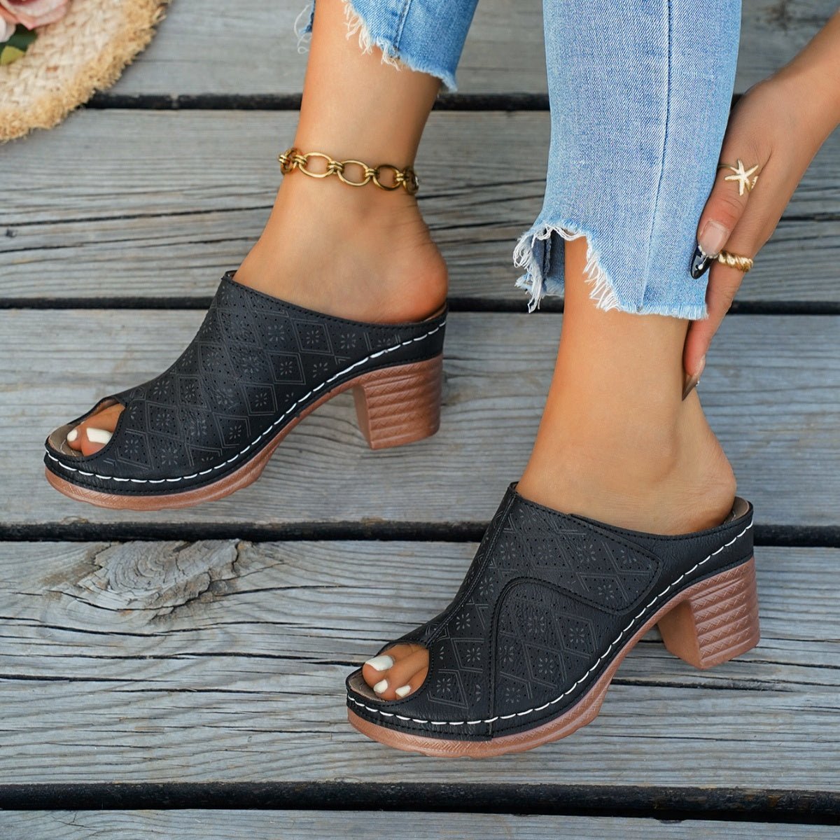 Peep Toe Block Heel Sandals - MegaSuperStar
