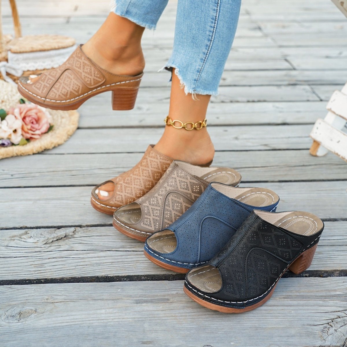 Peep Toe Block Heel Sandals - MegaSuperStar