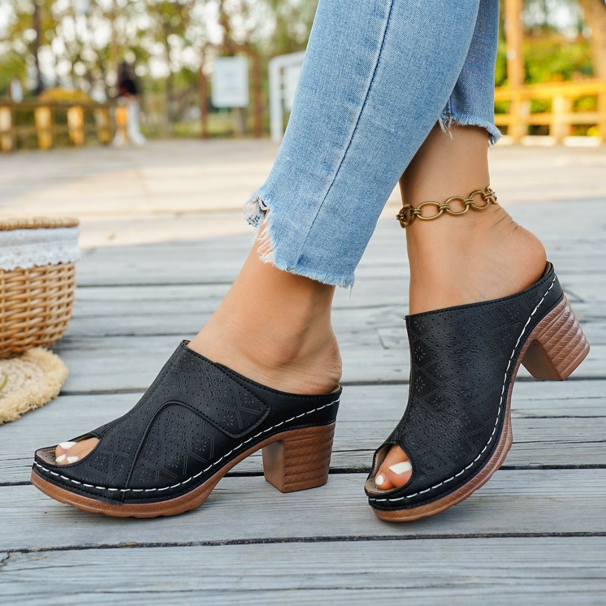 Peep Toe Block Heel Sandals - MegaSuperStar