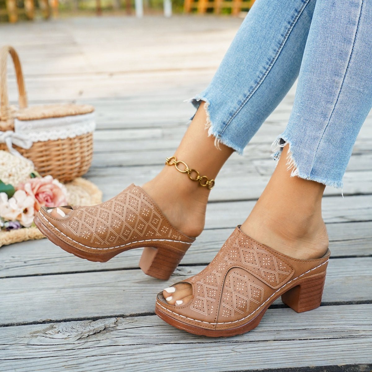 Peep Toe Block Heel Sandals - MegaSuperStar