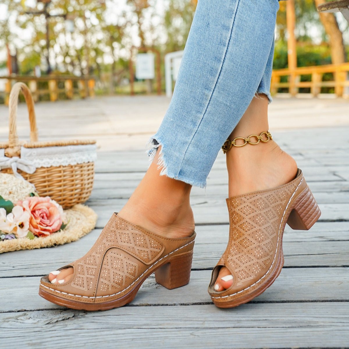 Peep Toe Block Heel Sandals - MegaSuperStar