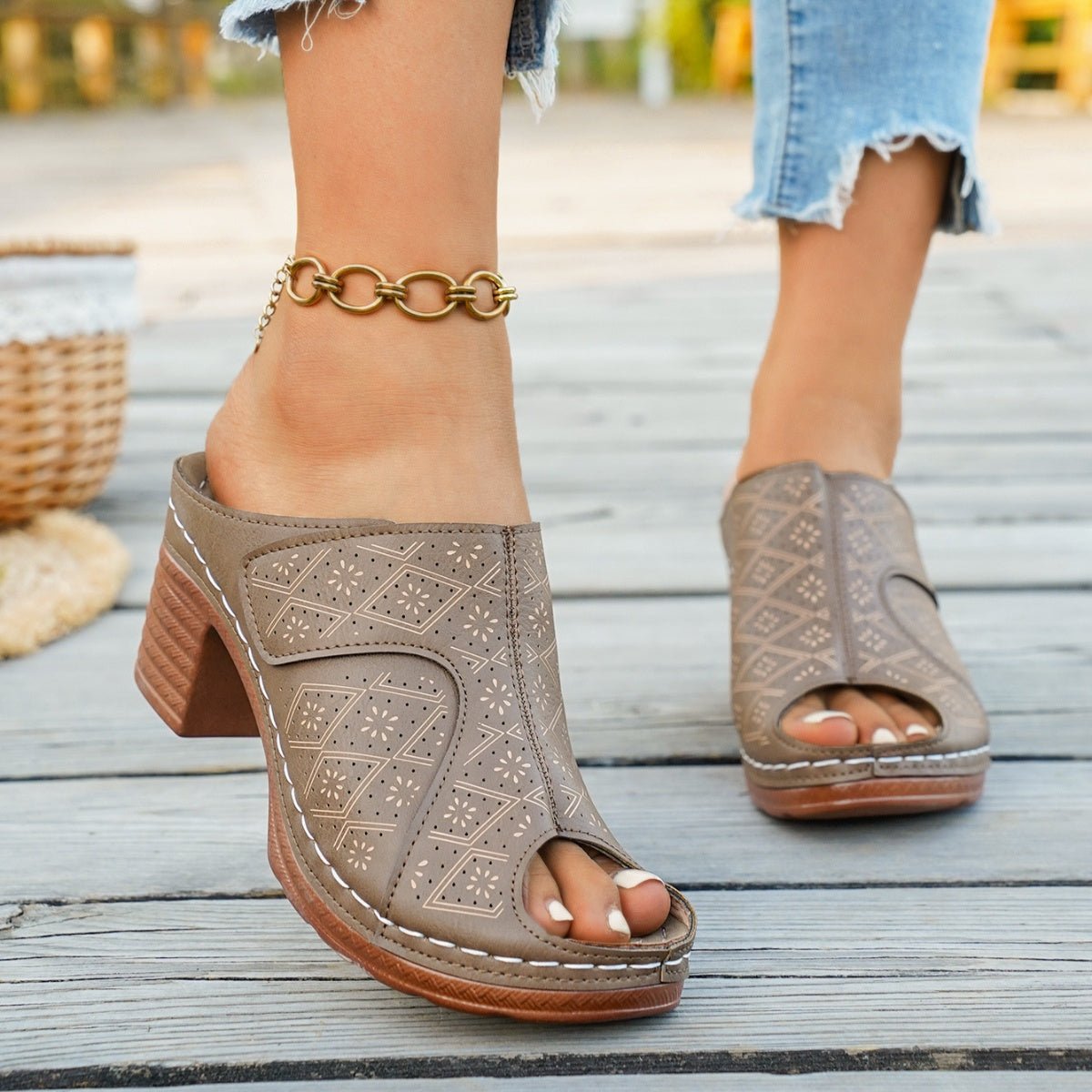 Peep Toe Block Heel Sandals - MegaSuperStar