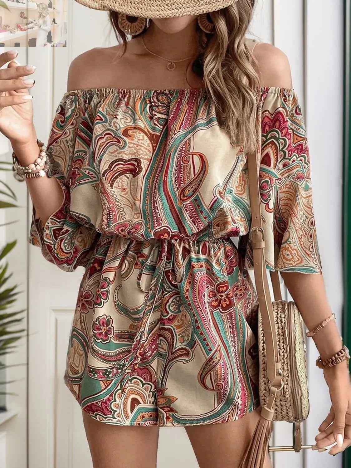 Perfee Off Shoulder Romper - Printed Half Sleeve Style for Effortless Chic - MegaSuperStar