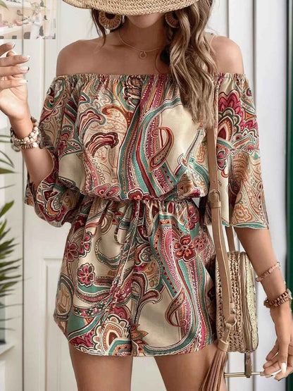 Perfee Off Shoulder Romper - Printed Half Sleeve Style for Effortless Chic - MegaSuperStar