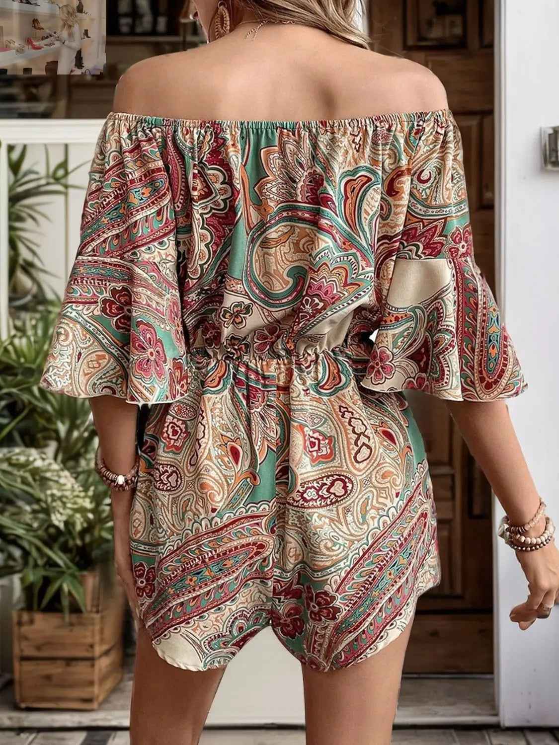 Perfee Off Shoulder Romper - Printed Half Sleeve Style for Effortless Chic - MegaSuperStar