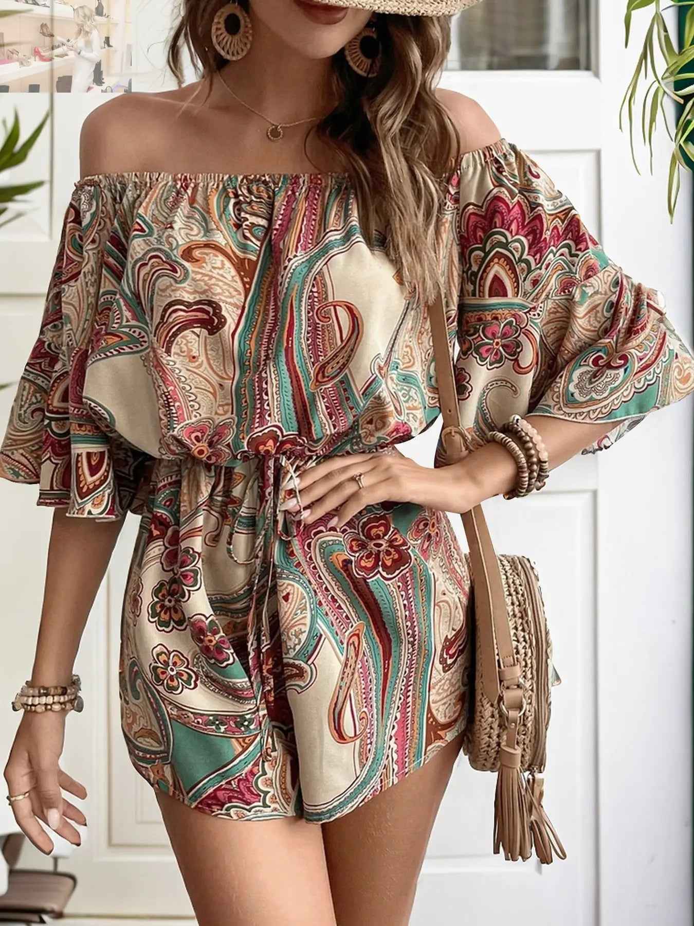 Perfee Off Shoulder Romper - Printed Half Sleeve Style for Effortless Chic - MegaSuperStar