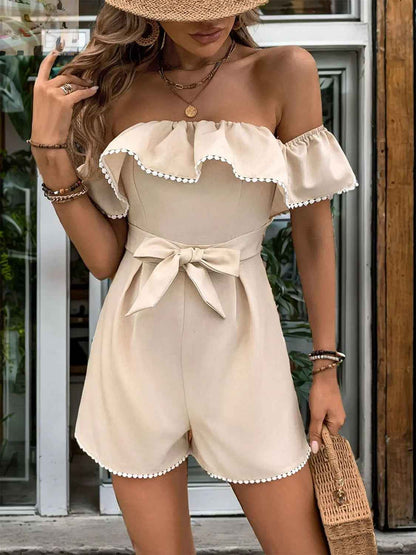 Perfee Off - Shoulder Ruffled Romper with Tied Short Sleeves - MegaSuperStar