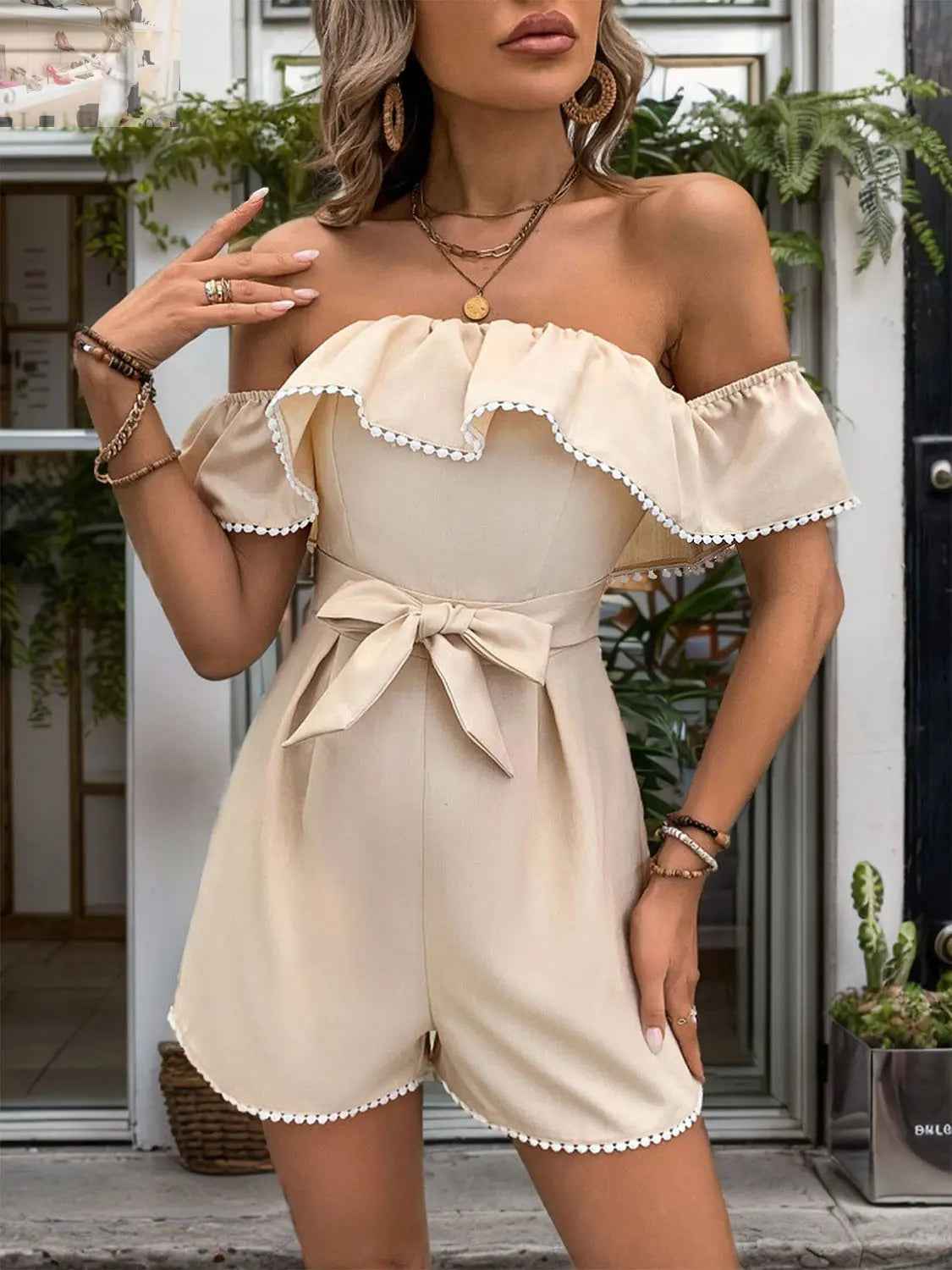 Perfee Off - Shoulder Ruffled Romper with Tied Short Sleeves - MegaSuperStar