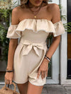Perfee Off-Shoulder Ruffled Romper with Tied Short Sleeves thumbnail