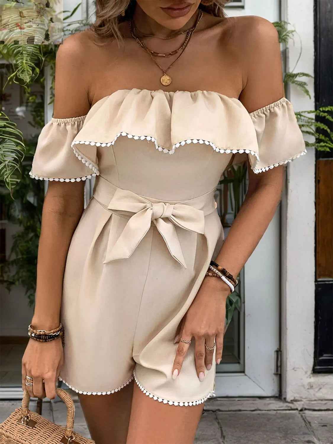 Perfee Off - Shoulder Ruffled Romper with Tied Short Sleeves - MegaSuperStar