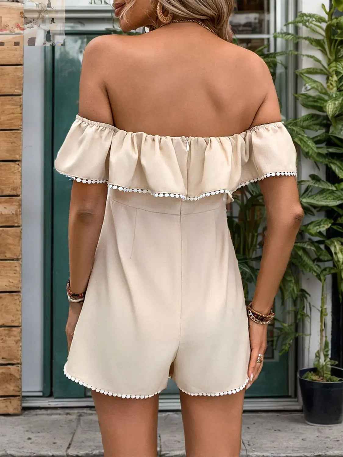 Perfee Off - Shoulder Ruffled Romper with Tied Short Sleeves - MegaSuperStar