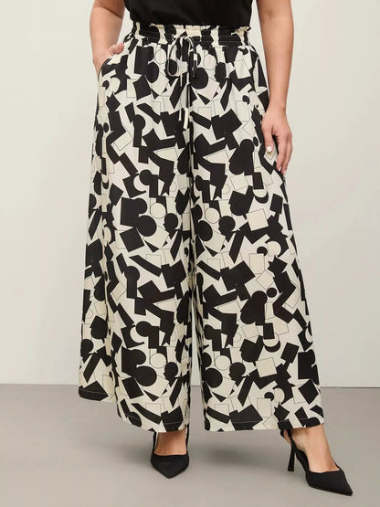 🌸 Plus Size Abstract Print Wide Leg Pants - Artistic Style 🌸 - MegaSuperStar
