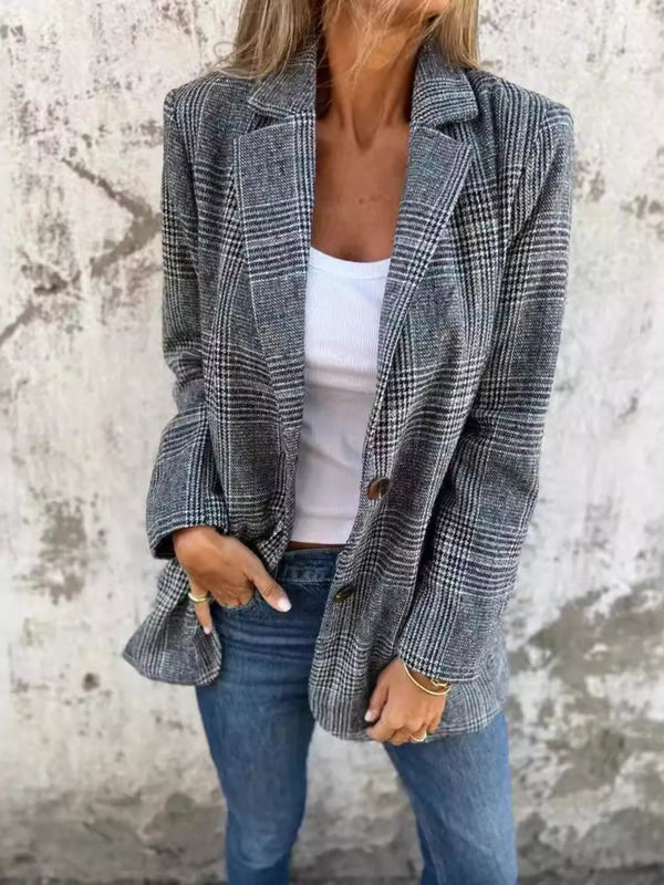 Plus Size Plaid Single-Breasted Blazer - Flattering Fit