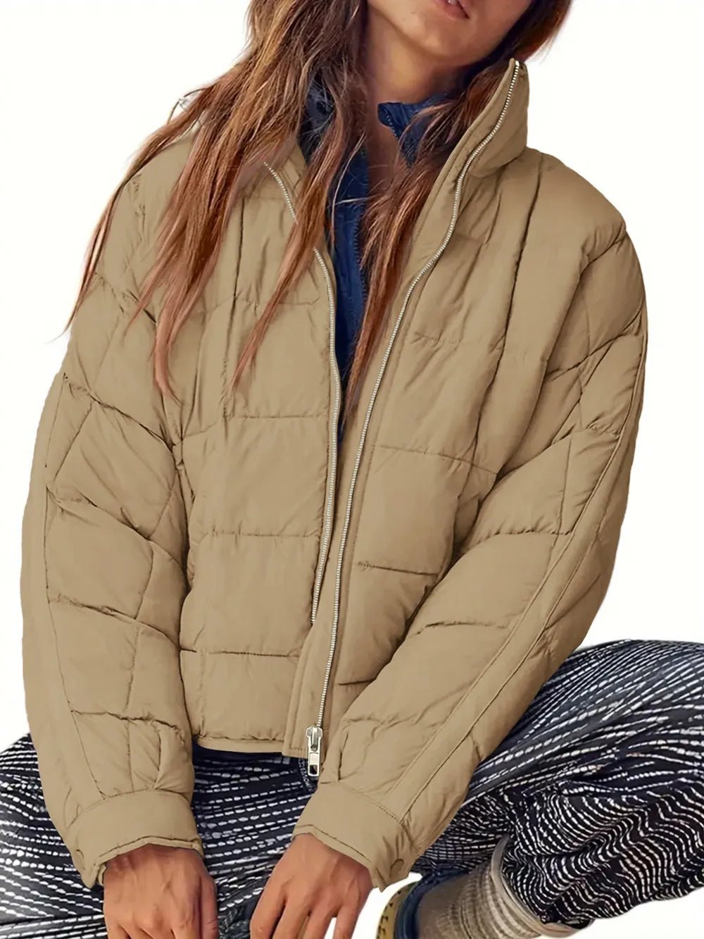 Pocketed Plaid Quilted Zip Up Winter Coat - MegaSuperStar