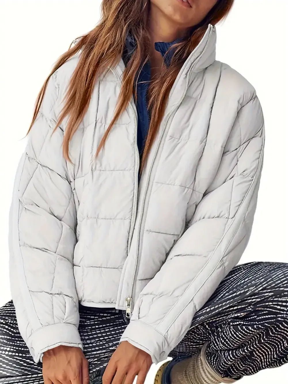 Pocketed Plaid Quilted Zip Up Winter Coat - MegaSuperStar