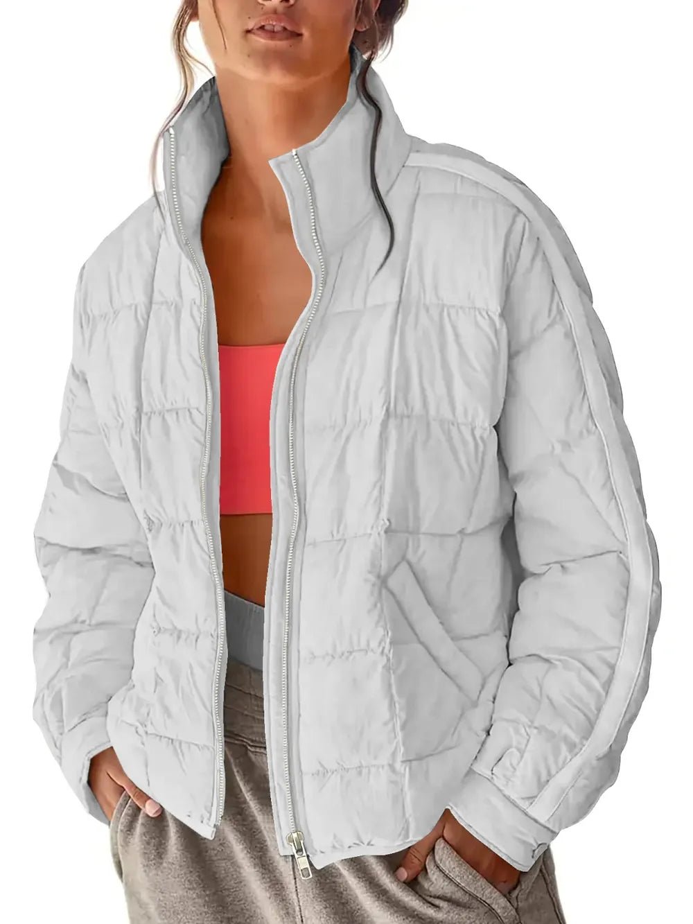 Pocketed Plaid Quilted Zip Up Winter Coat - MegaSuperStar