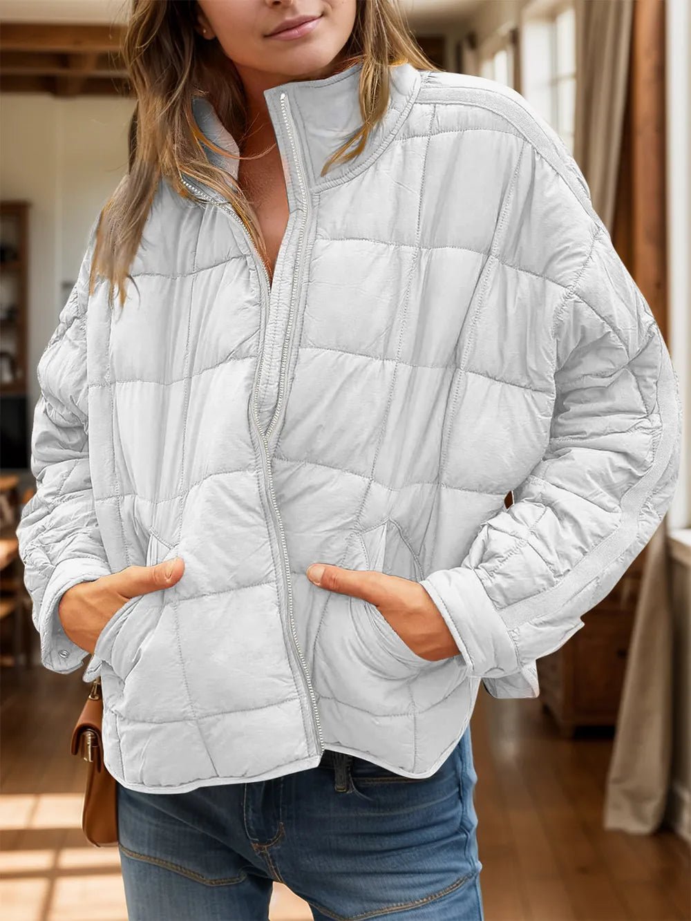 Pocketed Plaid Quilted Zip Up Winter Coat - MegaSuperStar