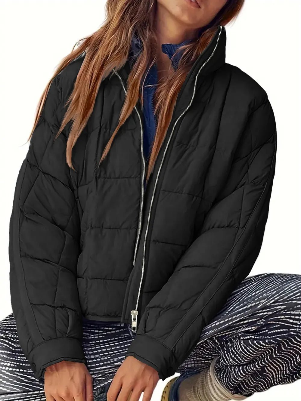 Pocketed Plaid Quilted Zip Up Winter Coat - MegaSuperStar