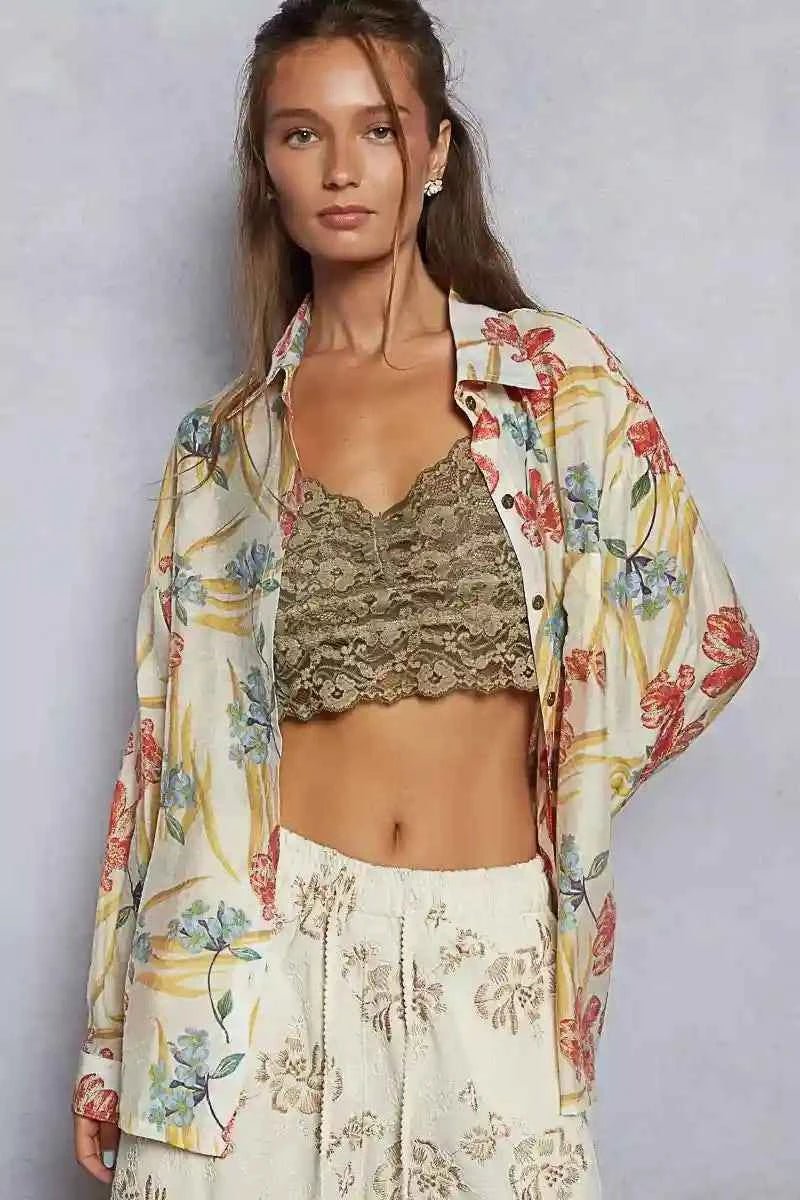 POL Floral Print Shirt - Stylish Button Down Long Sleeve Top - MegaSuperStar