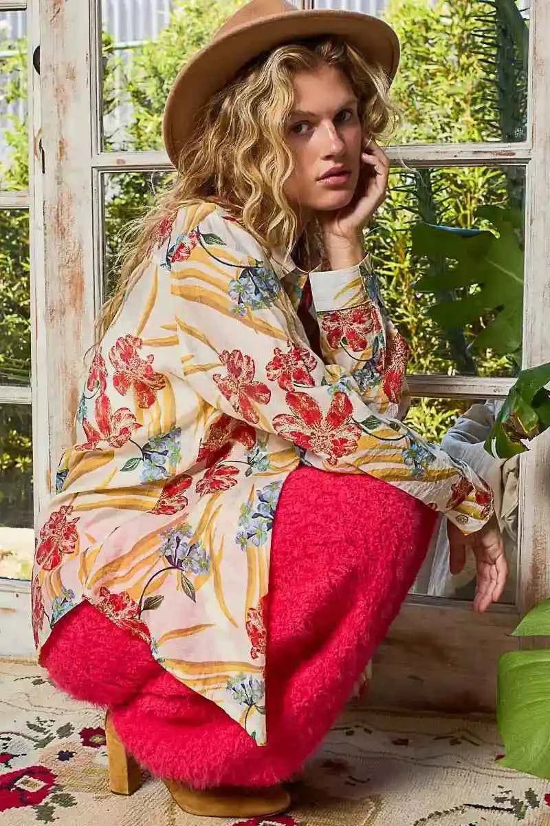 POL Floral Print Shirt - Stylish Button Down Long Sleeve Top - MegaSuperStar