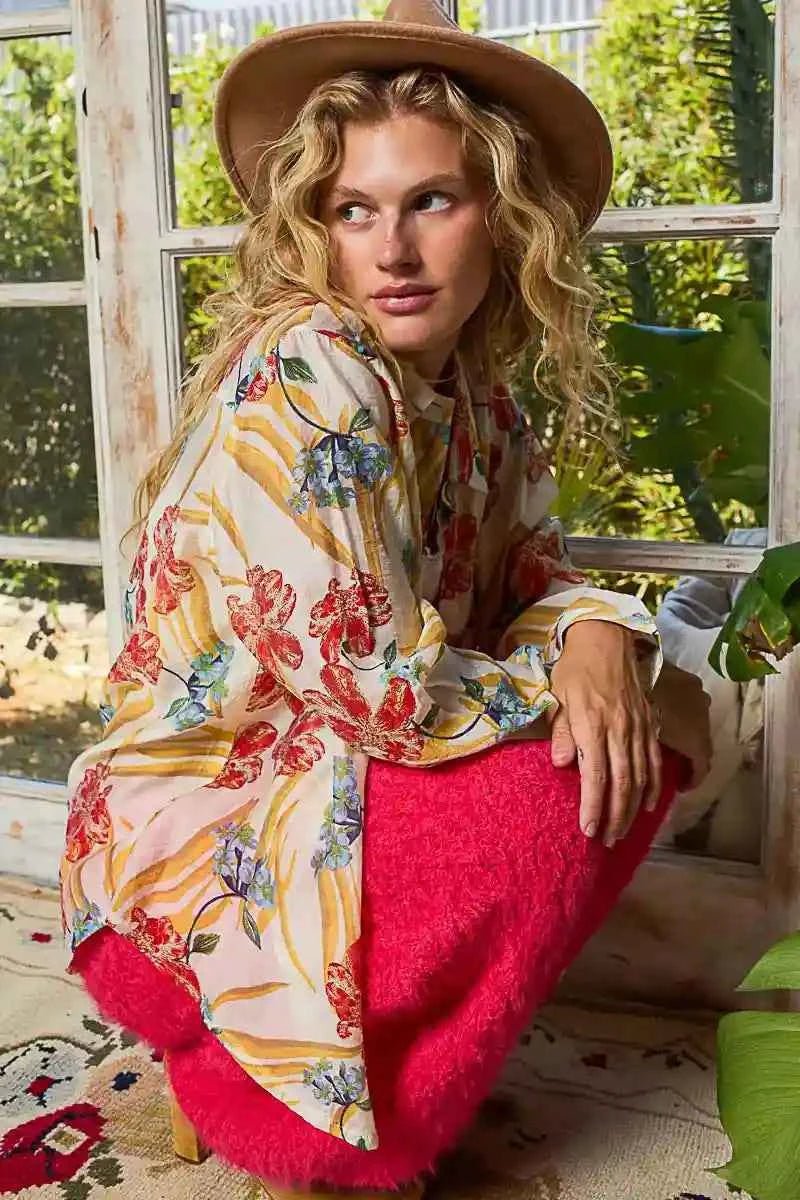 POL Floral Print Shirt - Stylish Button Down Long Sleeve Top - MegaSuperStar