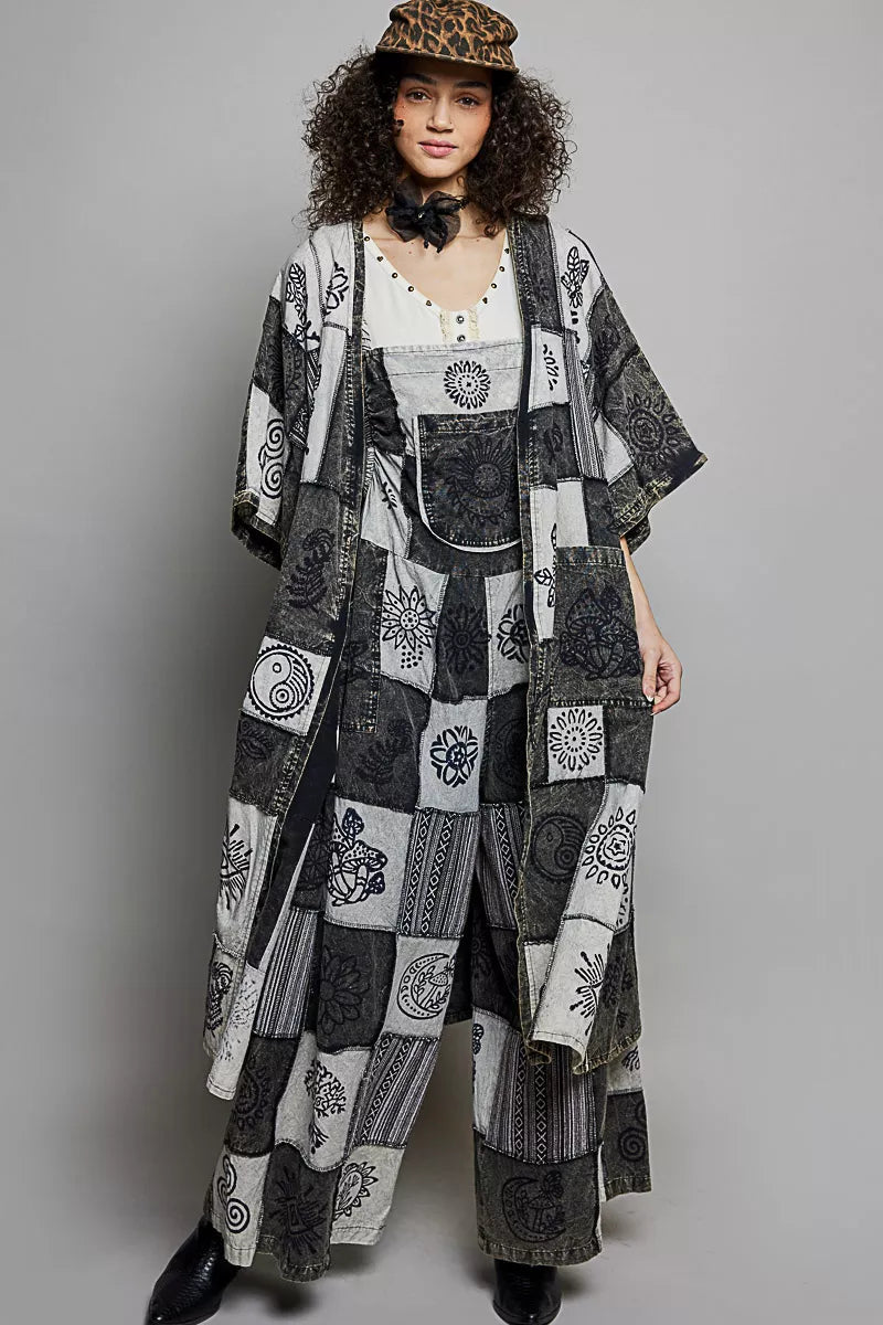 POL Open Front Longline Cardigan in Printed Patchwork Design - MegaSuperStar