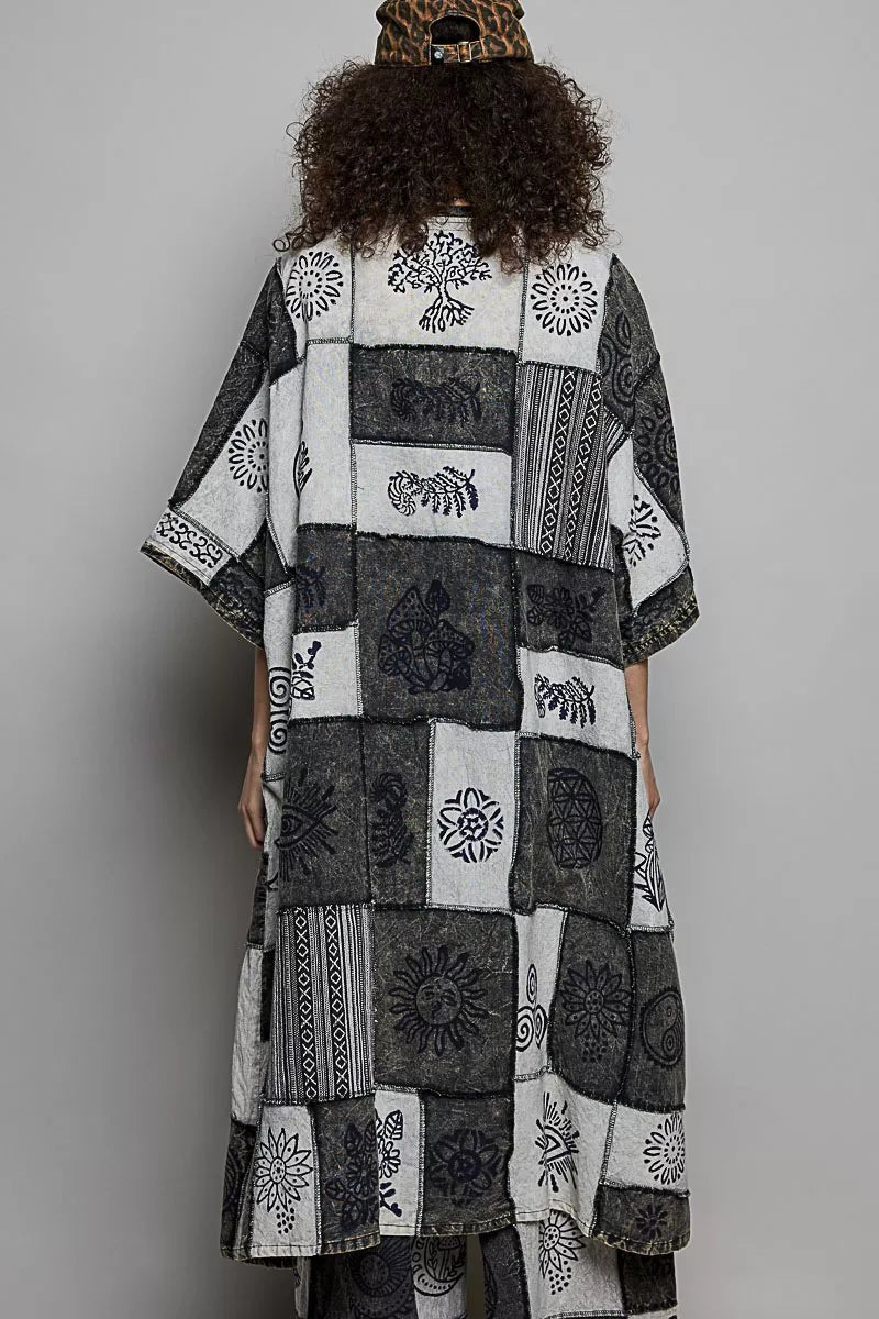 POL Open Front Longline Cardigan in Printed Patchwork Design - MegaSuperStar