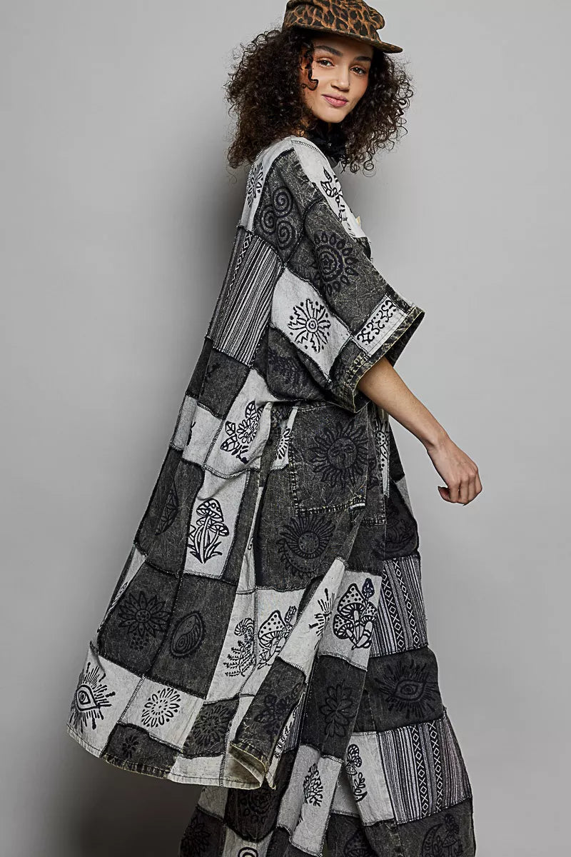 POL Open Front Longline Cardigan in Printed Patchwork Design - MegaSuperStar