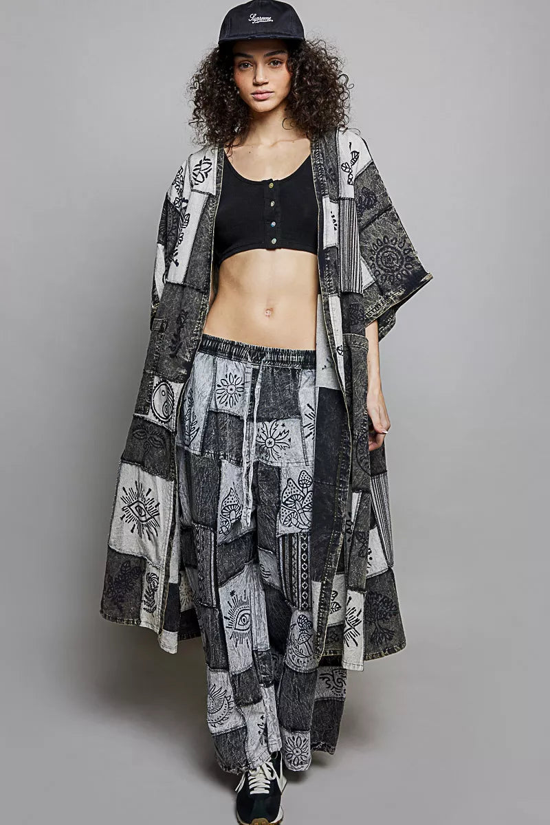 POL Open Front Longline Cardigan in Printed Patchwork Design - MegaSuperStar
