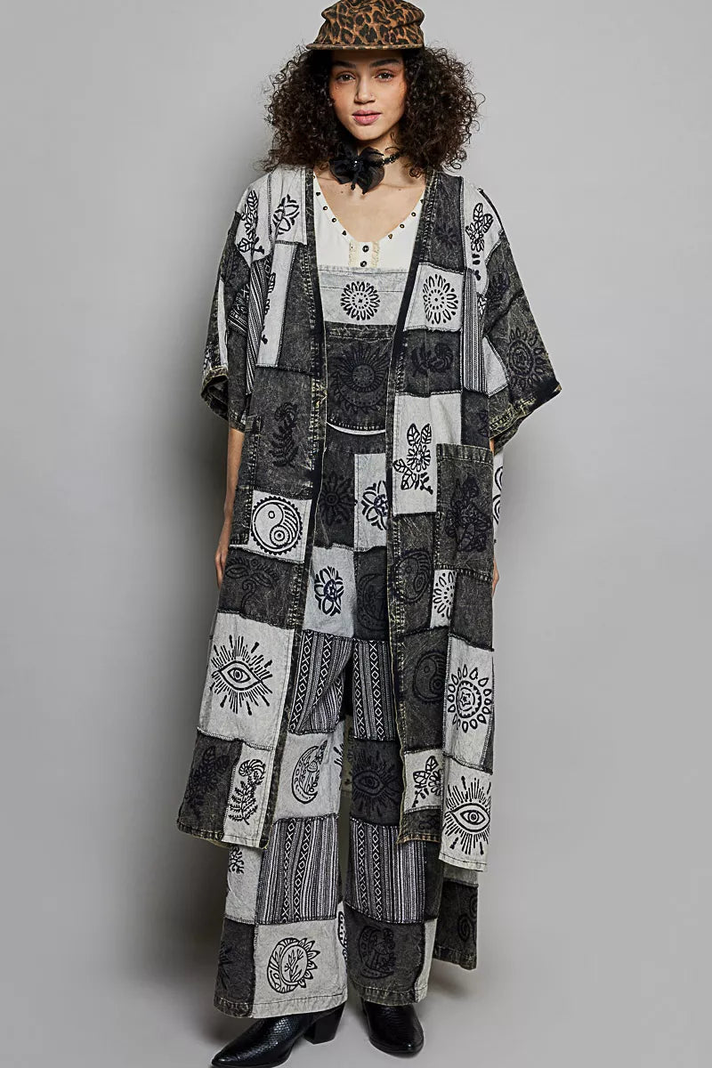 POL Open Front Longline Cardigan in Printed Patchwork Design - MegaSuperStar