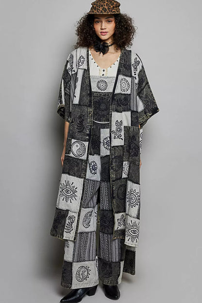 POL Open Front Longline Cardigan in Printed Patchwork Design - MegaSuperStar