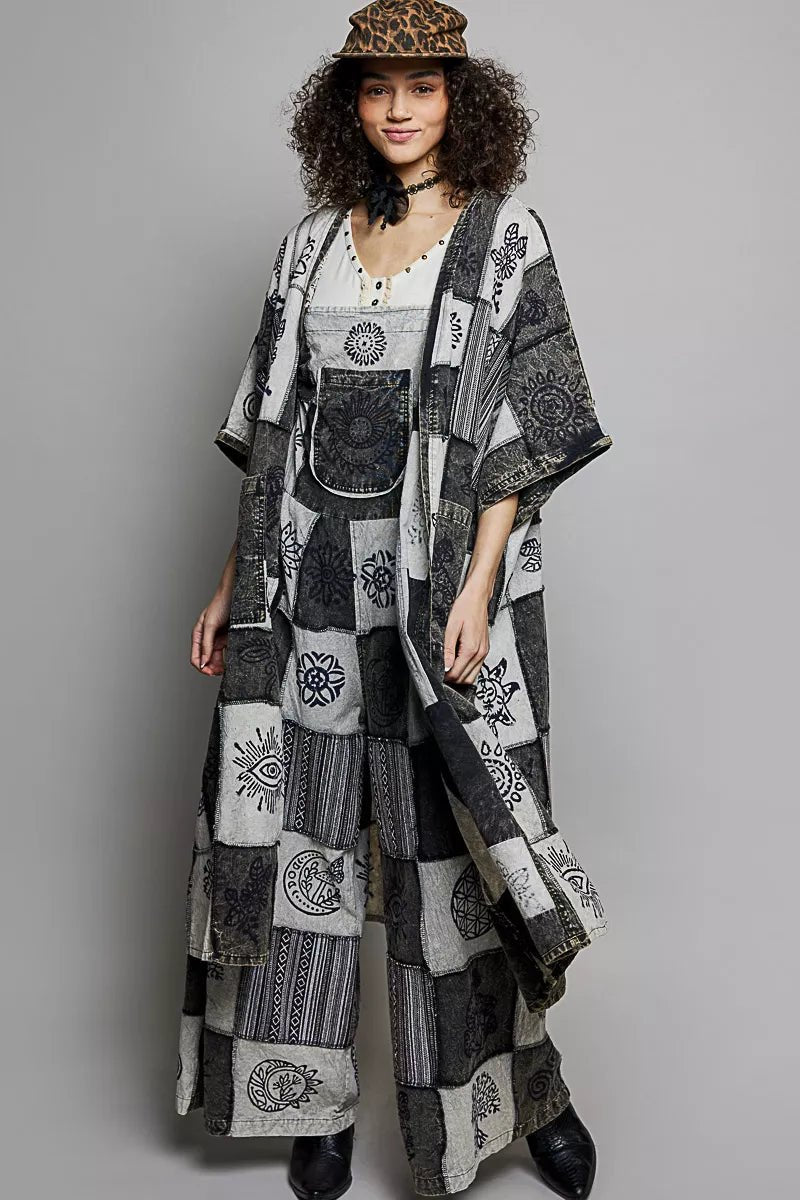 POL Open Front Longline Cardigan in Printed Patchwork Design - MegaSuperStar