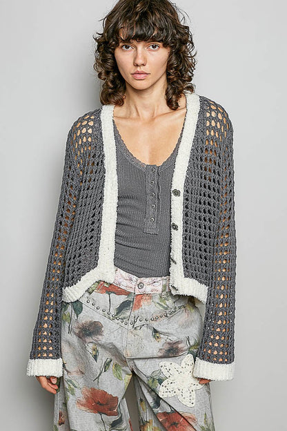 POL Openwork Contrast Cardigan with Floral Metal Button - MegaSuperStar