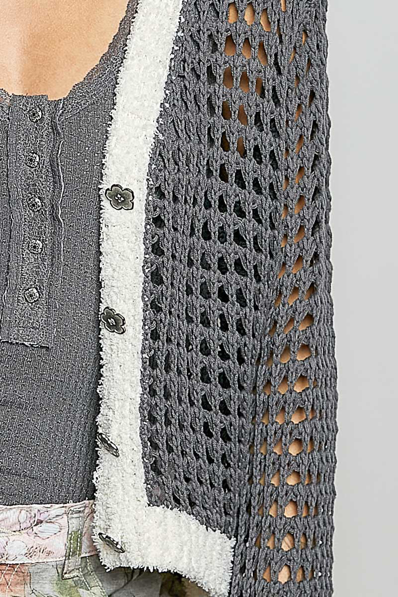 POL Openwork Contrast Cardigan with Floral Metal Button - MegaSuperStar