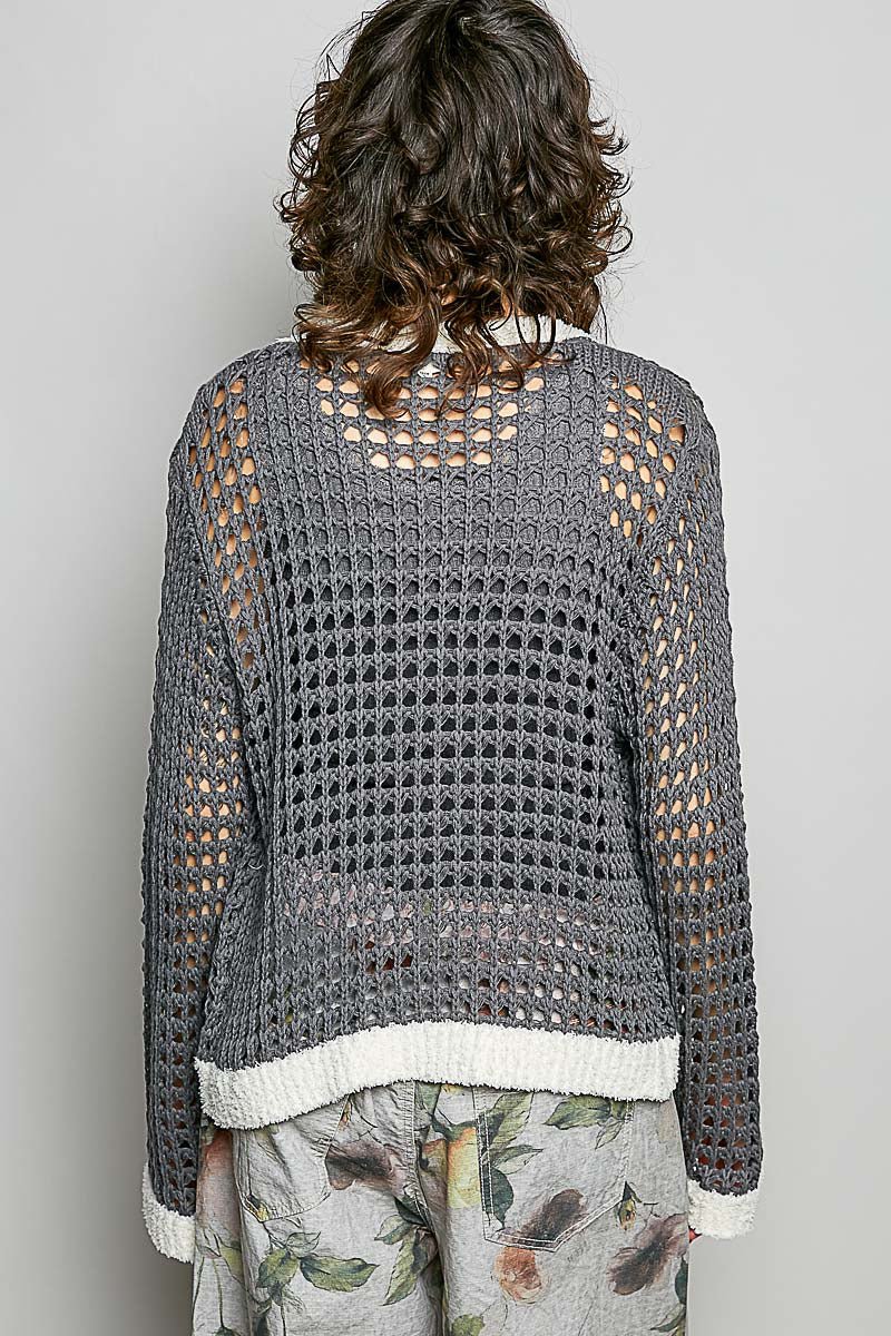 POL Openwork Contrast Cardigan with Floral Metal Button - MegaSuperStar