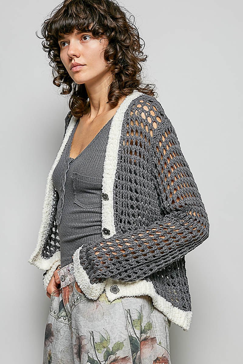 POL Openwork Contrast Cardigan with Floral Metal Button - MegaSuperStar